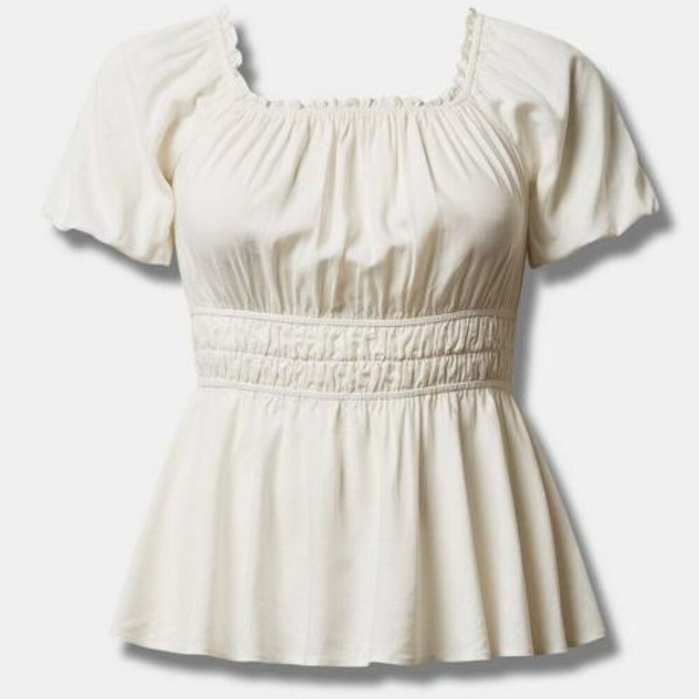 Linen Puff Sleeve Shirred Bodice Blouse